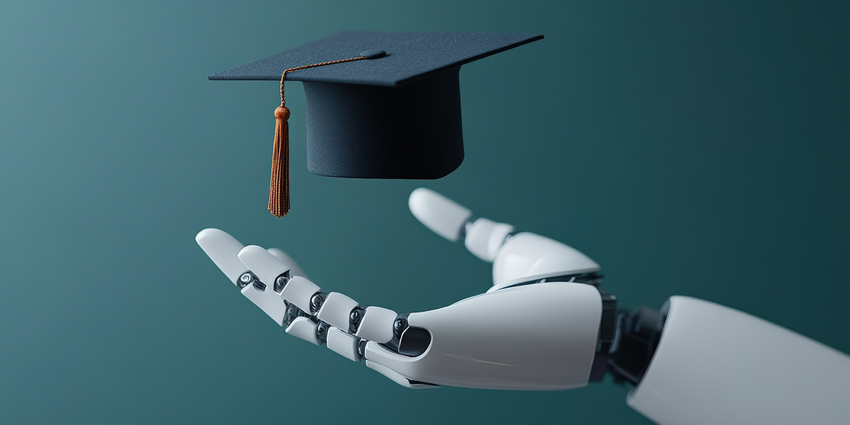 A robotic hand reaches upward as a graduation cap with a tassel floats above it against a teal background.