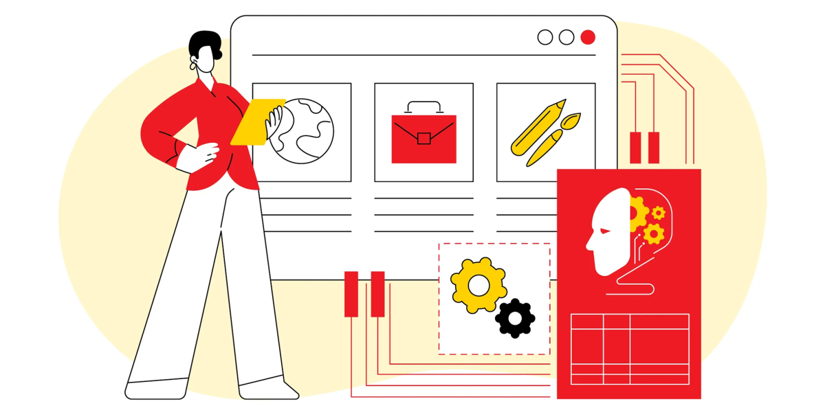 An illustration of a person standing beside a large computer interface displaying icons for global learning, professional tools, and creativity, with additional graphics of gears and an AI head symbolizing artificial intelligence in education.