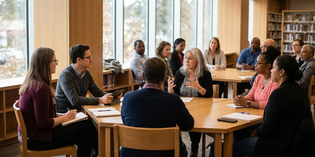 A wide shot of a multi-ethnic group of adults seated around tables in a library with large windows. A woman at the center is speaking and gesturing with her hands while others listen and take notes in notebooks or on tablets.